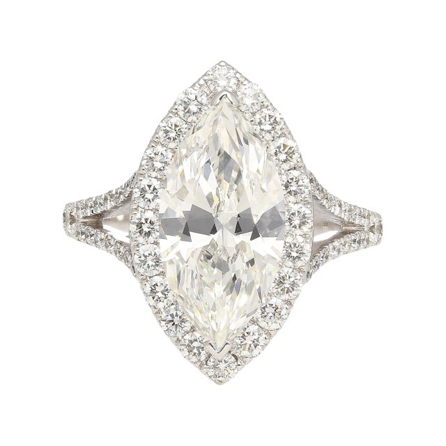 Modern 3.22 Carat Marquise Cut G Vs1 Gia Certified Diamond Halo Pave 18k Ring For Sale - Image 3 of 12
