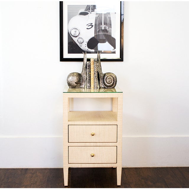 Contemporary Matthew Izzo Home - Roscoe Natural Grasscloth Two Drawer Side Table With Glass Top and Brass Knobs For Sale - Image 3 of 4