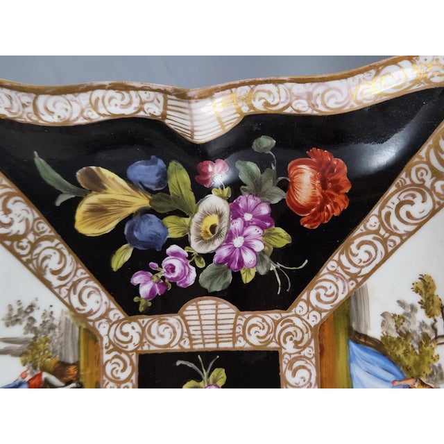 Porcelain Square Dish with Watteau Scenes and Black Ground from Meissen, 1850 For Sale - Image 5 of 13