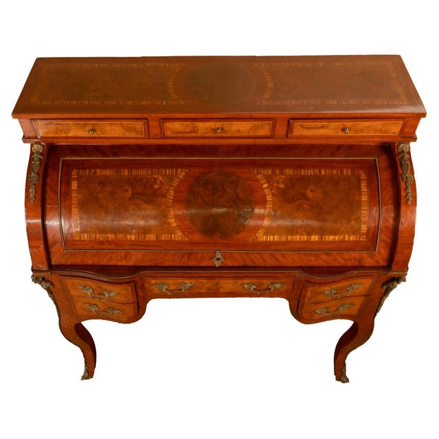Antique French Louis XV Cylinder Marquetry & Ormolu Bureau Writing Desk 1880 For Sale - Image 16 of 17