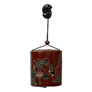 Vintage Red Lacquer Inro Koi Fishes Netsuke Wood Stack Case Deco For Sale