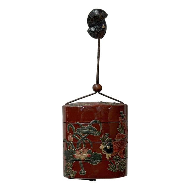 Vintage Red Lacquer Inro Koi Fishes Netsuke Wood Stack Case Deco For Sale