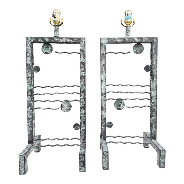 Vintage Large Postmodern Memphis Style Iron Table Lamps With Faux Verdigris Finish, Pair For Sale