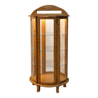 1980s Oak Curved Glass Lighted Curio Cabinet For Sale