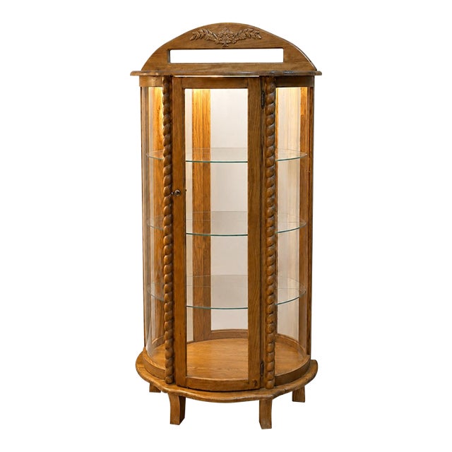 1980s Oak Curved Glass Lighted Curio Cabinet For Sale