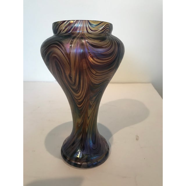 Elegant Art Nouveau Trumpet-Topped Vase Swirled Purple; Blue and Gold Iridescence For Sale - Image 6 of 6