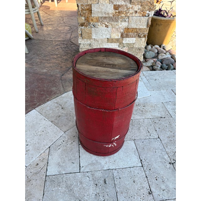 Farmhouse Antique Nail Keg Cask Barrel Painted Red With Twisted Metal Wire Bands For Sale - Image 3 of 12