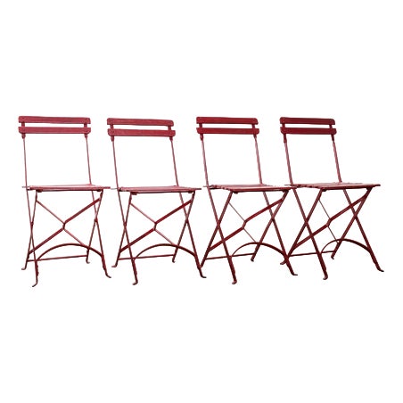 Vintage French Slatted Red Outdoor Folding Chairs, 1960s, Set of 4 For Sale