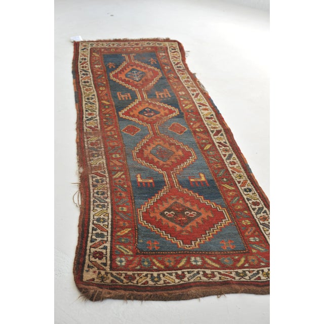 1930s Nomadic Blue, Terracotta, Red and Camel Runner Rug , 3.2 x 8.9 For Sale - Image 9 of 11
