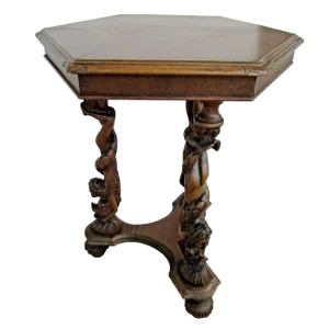 1920s Italian Renaissance Style Antique Carved Walnut Side Table Ornate Man & Dolphin Legs