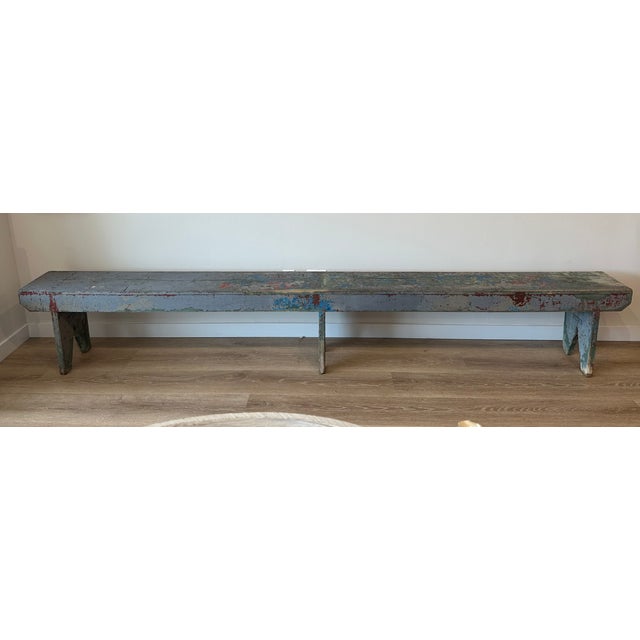 Wonderful Early 20th C American Painted School Bench in pine, with multiple old paint colors coming through. reds, blues...