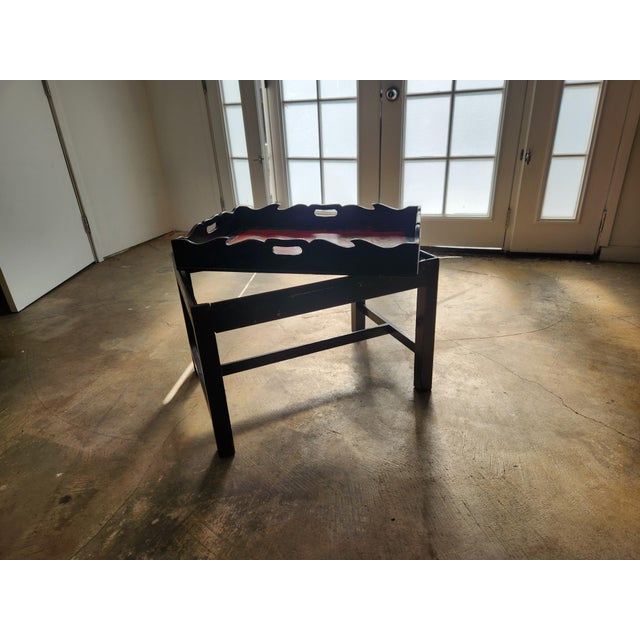 Late 20th Century Carved Wood Chinoiserie Black and Red Lacquered Butler's Tray Table For Sale - Image 5 of 11