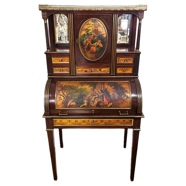 French 19th C French Vernis Martin Style Painted & Fitted Interior Bonheur Du Jour Secretary Desk For Sale - Image 3 of 18