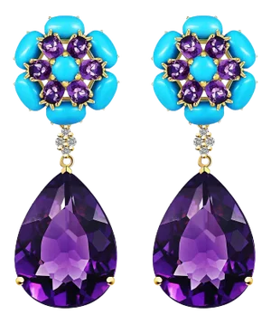 Nina Zhou Turquoise Amethyst Diamond Drop Earrings in 14k Yellow Gold - a Pair