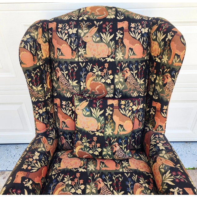 Textile Vintage Robert Allen Chippendale Wingback Armchair French Country Farmhouse Animals For Sale - Image 7 of 11