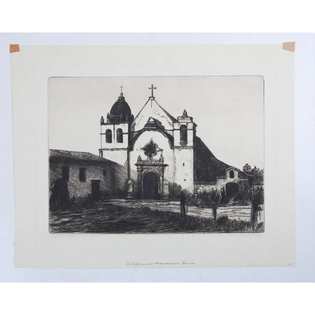 Mission Vintage Early 20th Century Carmel Mission Basilica Etching For Sale - Image 3 of 3