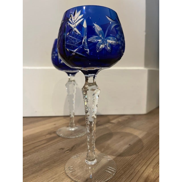 Pair of Bohemian Traube Nachtmann Cobalt Blue Cut Crystal Wine Glasses For Sale - Image 9 of 10