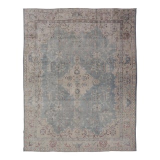 Antique Turkish Oushak Rug With Medallion With Light Gray-Blue, Cream, and Brown For Sale