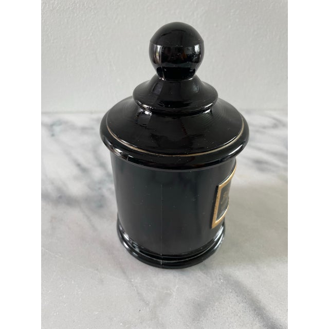 Vintage Black Glass Apothecary Jar Jean Vivaudou Co. Orloff Bergamot Men's Bath Talc For Sale - Image 4 of 9