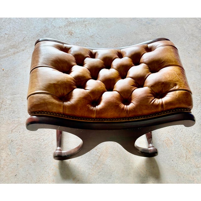 Wood Cora 1920 English Mahogany Chesterfield Leather Stool For Sale - Image 7 of 11