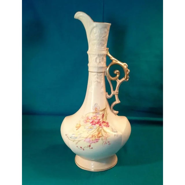 Antique Prussian Porcelain Ewer Rudolstadt Art Studio Hand-Painted Floral Pitcher-Shaped Vase For Sale In Palm Springs - Image 6 of 6