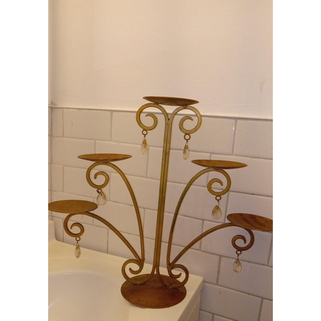 Spanish Revival Style Sculptural Gilded Woodland Antiquity Chandelier Candelabra Stand Gold Tone Metal Elegant Prisms Narrow Soft Canopy Candle Light For Sale - Image 11 of 16