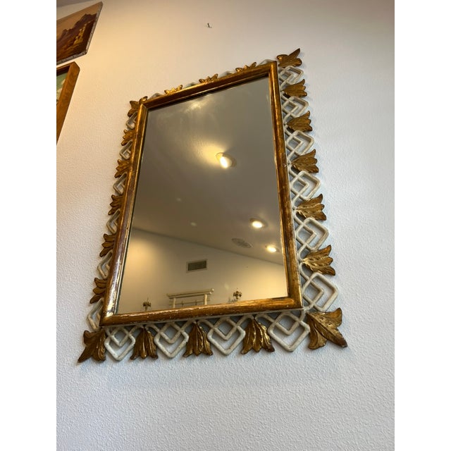 White 1960 Italian Hollywood Regency Giltwood Mirror With Hand-Carved Geometric & Floral Frame For Sale - Image 8 of 13