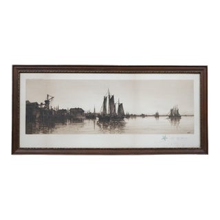 Antique Charles Mielatz Signed Rhode Island Fishing Boat Harbor Etching 27" For Sale