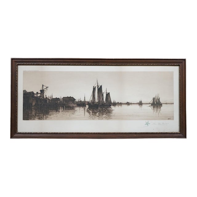 Antique Charles Mielatz Signed Rhode Island Fishing Boat Harbor Etching 27" For Sale