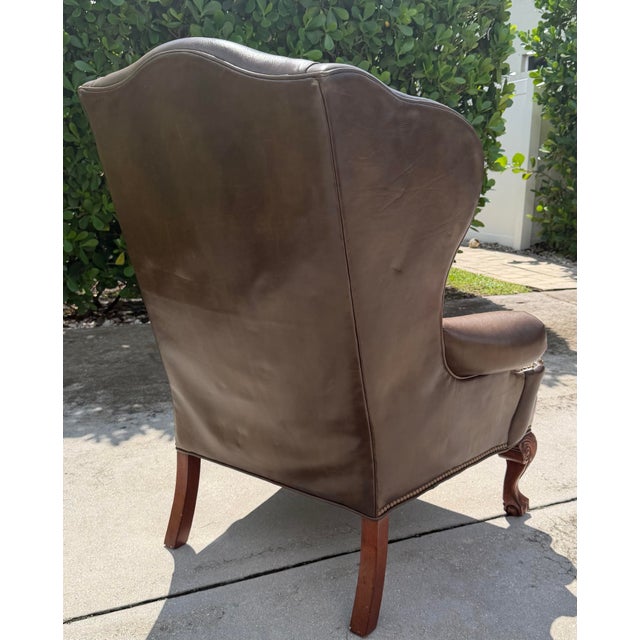 Brown Vintage Ethan Allen Leather Wingback Armchair With Carved Claw Feet For Sale - Image 8 of 12