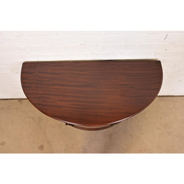 Imperial Furniture French Regency Louis XVI Mahogany and Inlaid Marquetry Demilune Cabinet, Newly Refinished For Sale - Image 11 of 14