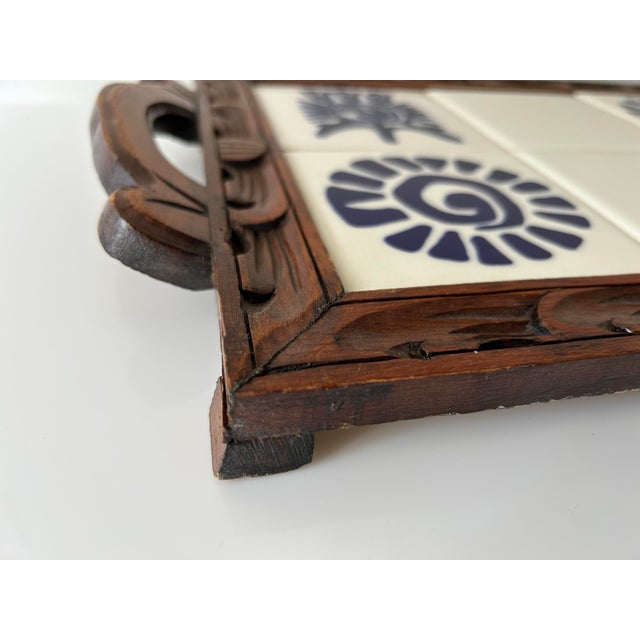 Vintage Mexican Monterrey Tile & Carved Wooden Tray For Sale - Image 4 of 9