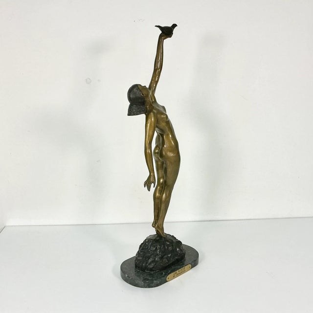 Vintage French Art Deco Pierre Le Faguays Bronze Nude Sculpture, Girl With Dove For Sale - Image 10 of 18