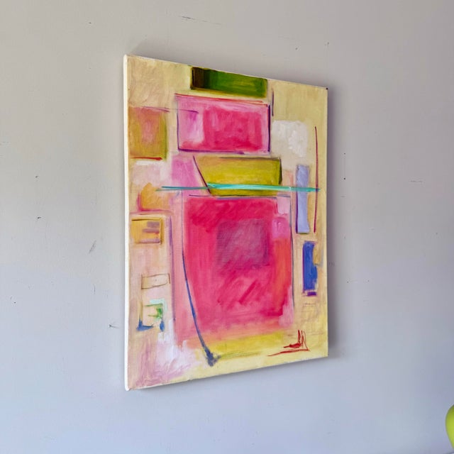 1970s Pink Green and Yellow Geometric Abstract Oil Painting on Stretched Canvas For Sale - Image 4 of 7