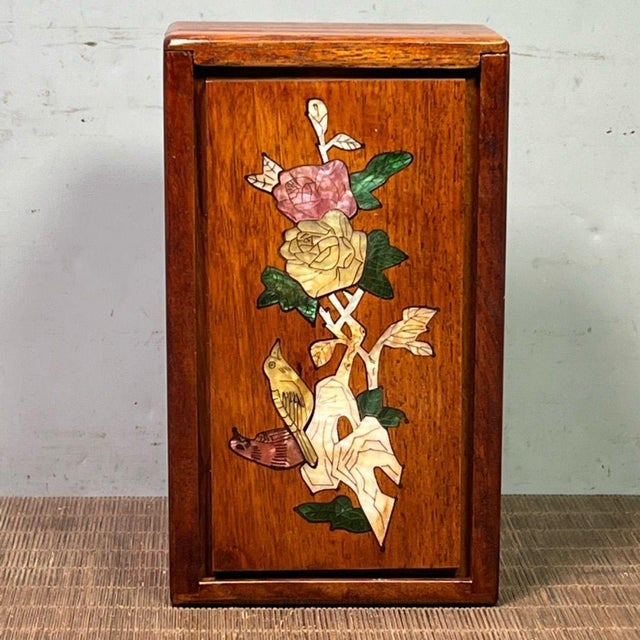 Shell Vintage Pearwood Secret Mechanism Jewelry Box, Mother of Pearl Bird & Floral Inlay, Chinoiserie Keepsake Box For Sale - Image 7 of 9