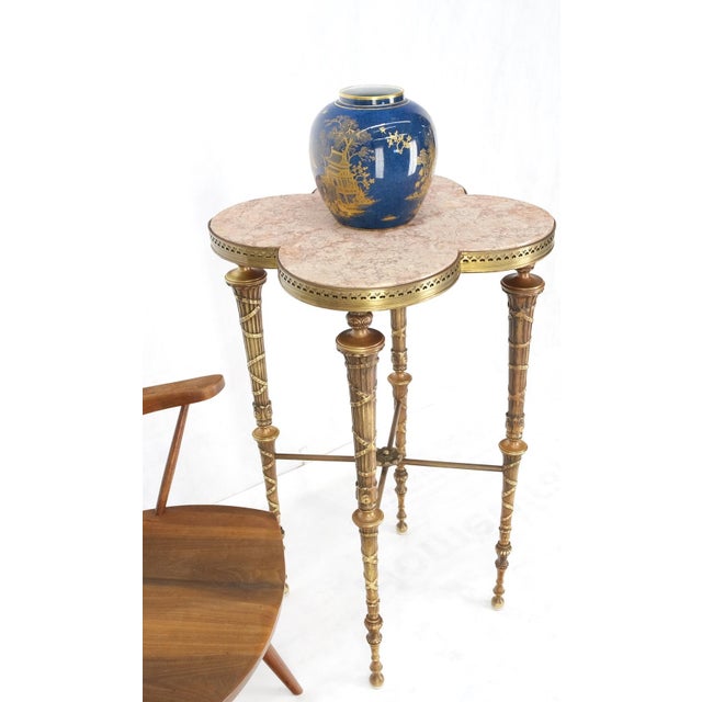 Metal Exception Clover Shape Pink Marble Top Fluted Brass Legs Tall Pedestal Stand For Sale - Image 7 of 15