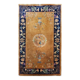 Vintage Chinese Art Deco Area Rug, Hand-Knotted Wool Pile, Tan, Dark Blue, 1920s For Sale