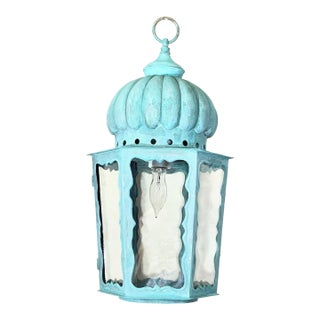 Solid Brass Antique Hexagonal Hanging Lantern / Pendant Light - 19”h X 9”.5 W For Sale