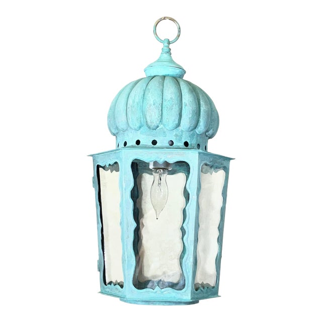 Solid Brass Antique Hexagonal Hanging Lantern / Pendant Light - 19”h X 9”.5 W For Sale