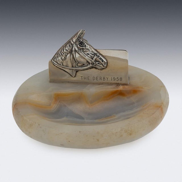 Vintage English Silver and Agate Horse Racing Themed Ashtray, 1957 For Sale - Image 3 of 12