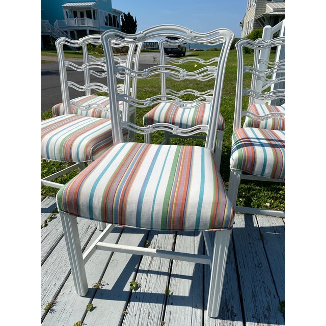 Set of 6 Vintage Painted Mahogany Chippendale Ribbon Back Dining Chairs With New Perennials Striped Fabric For Sale - Image 14 of 14