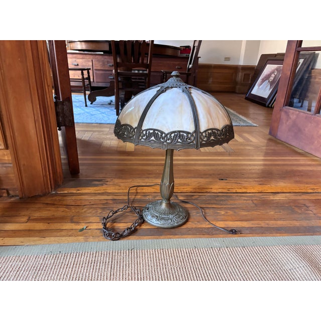 American Early 20th Century Early American Bronze and Panel Glass Lamp For Sale - Image 3 of 3
