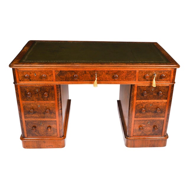 Antique Victorian Burr Walnut Twin Pedestal Desk, 1860s For Sale