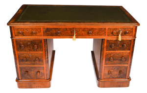 Antique Victorian Burr Walnut Twin Pedestal Desk, 1860s