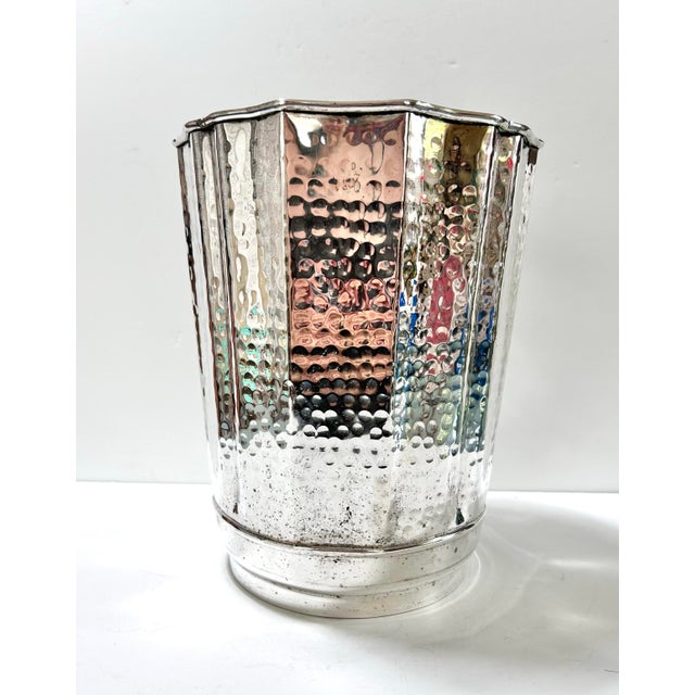 Silver Plated Hammered Wastebasket With Scalloped Rim For Sale - Image 4 of 8