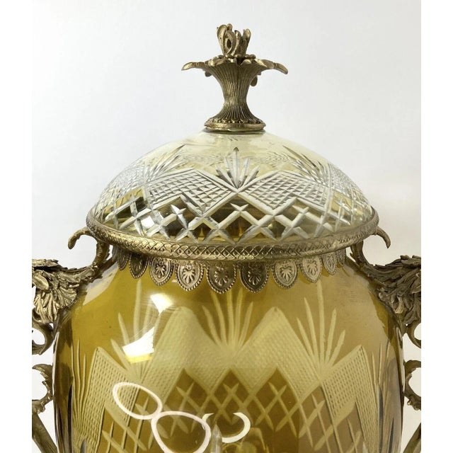 1960s Massive French Cut-To-Clear Amber Yellow Crystal Urn, Ornate Brass For Sale - Image 9 of 13