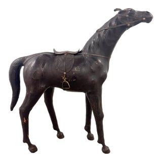 Vintage Leather Horse W/Saddle Statue 30” W For Sale