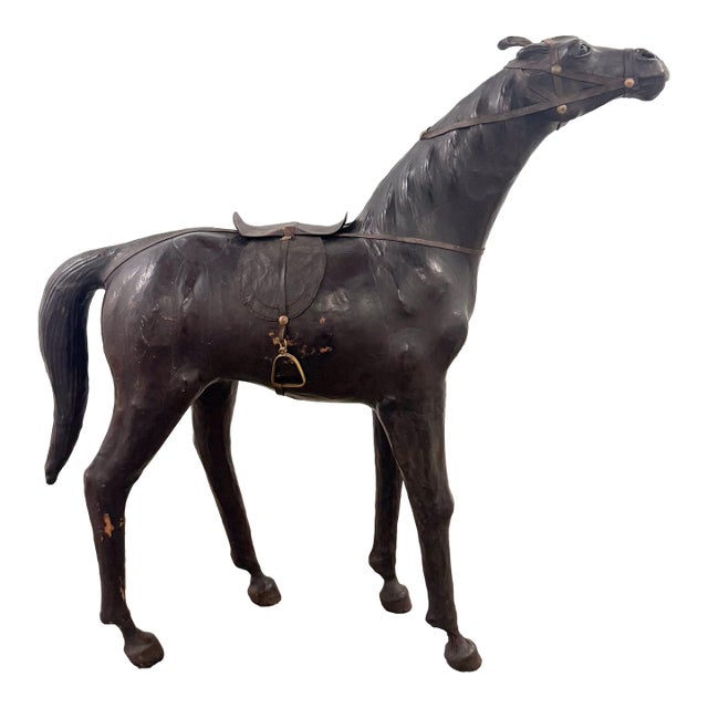 Vintage Leather Horse W/Saddle Statue 30” W For Sale