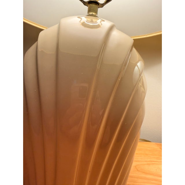Vintage 1980s Art Deco Revival Ceramic Cream Colored Table Lamps – Sculptural Ribbed Shell Design - a Pair For Sale - Image 9 of 12