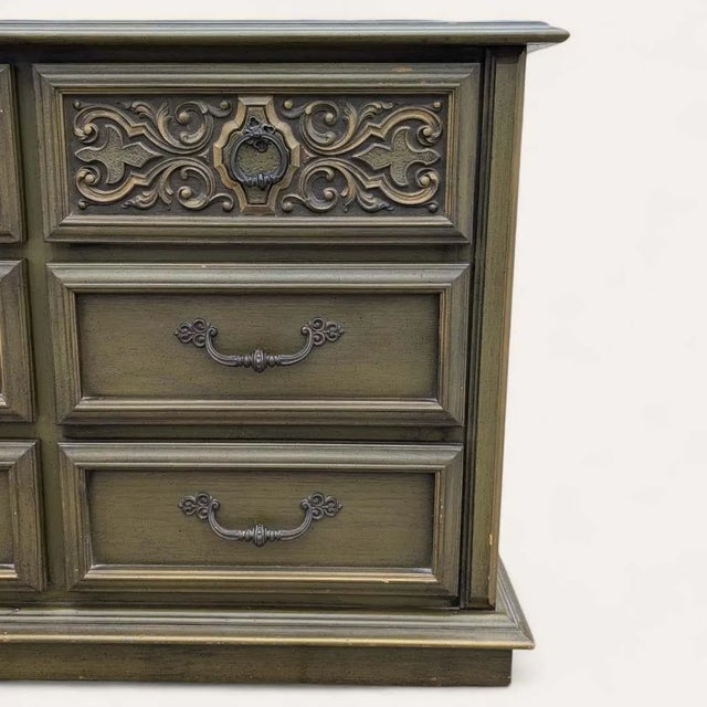Wood 1970s Spanish Revival Carved Wood Nine-Drawer Lowboy Dresser in Olive Green For Sale - Image 7 of 10